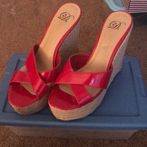 Red patent leather wedge sandal